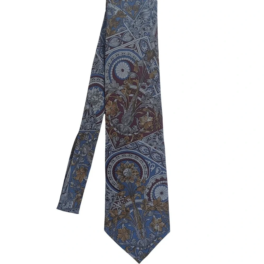 Vintage 70s Karl Lagerfeld Mens Silk Tie Blue Burgundy Gold Baroque Floral Italy